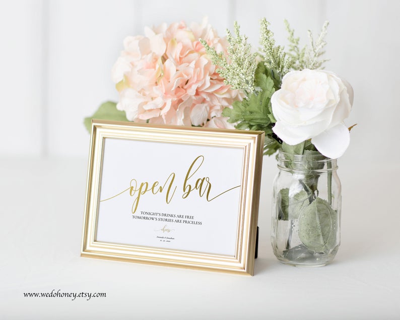 Gold Open Bar Sign Template Instant Download Editable Gold Calligraphy 5×7 and 8×10 #0035
