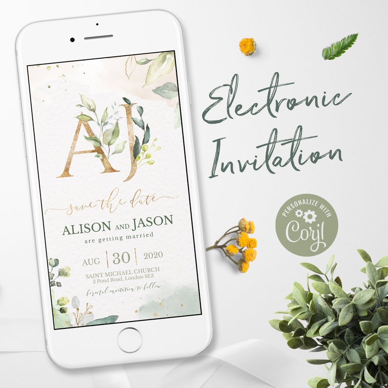 Greenery Electronic Save the Date with Monogram, Electronic Invitations, Electronic Wedding Invitations, Rustic Wedding Invitations, Corjl