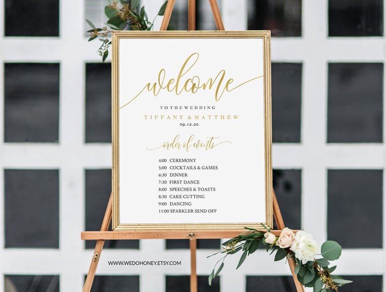 Gold Welcome Wedding Sign, Order of Events Poster, Gold Calligraphy, DIY Instant Download #0035