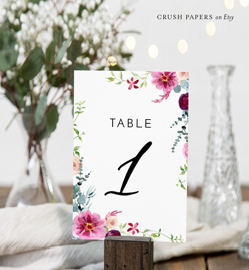 Garden Table Number Card Template, Printable Wedding Table Seating, Pink Floral Greenery, Editable, Instant Download, Corjl, 4×6 #005-205TC