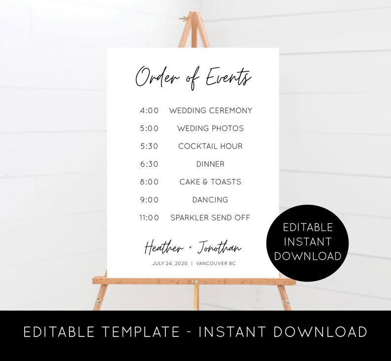 Order of Event SIgn – Wedding Order Of Event Sign – Printable Order of Event Sign – Wedding Timeline Sign – Editable – 24×32 – 01