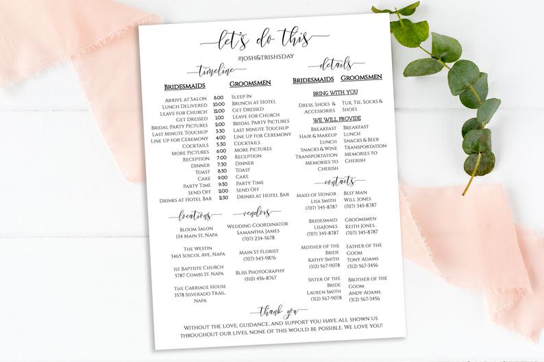 Wedding Party Timeline, Printable Wedding Day Schedule, Groomsmen Itinerary, Bridesmaid Agenda 100% Editable, Corjl PPW0550