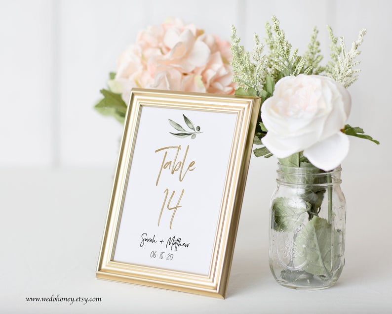 Table Number Card Template, Olive Greenery Wedding Table Number, Gold Brush, Fully Editable Text, Instant Download #201_9