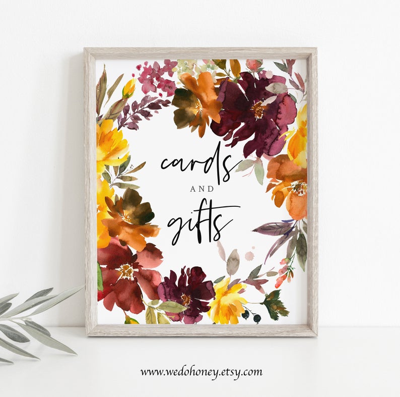 Rustic Cards and Gifts Sign, Burgundy Burnt Orange Florals, Editable Text, Instant Download #055_5