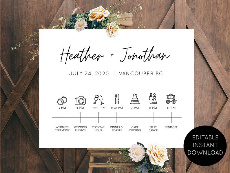 WEDDING TIMELINE SIGN – Wedding Timeline Sign Template – Wedding Timeline Template – Wedding Sign Timeline – Editable – 24×32 – 01