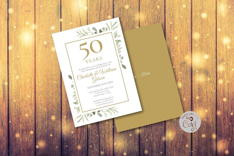 50th Anniversary Invitation Template, Instant Download Editable Printable PDF, Watercolour Leaves, Golden Wedding, Chic, Corjl