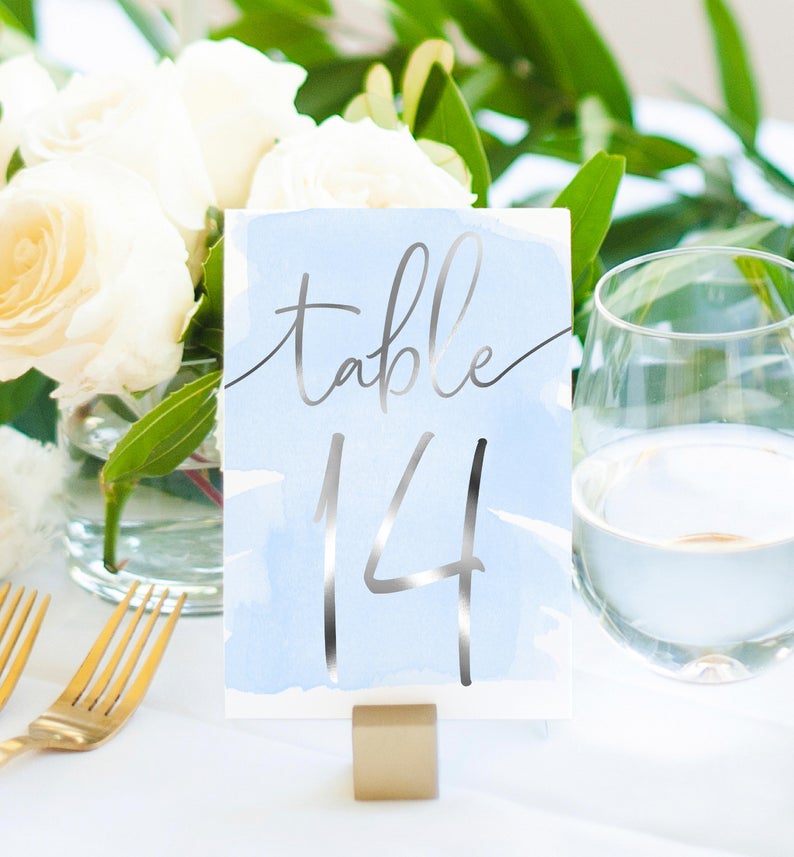 Blue Watercolour Table Numbers – Silver Foil – 1 – 20 Table Numbers – Instant Download – DIY Baby Shower