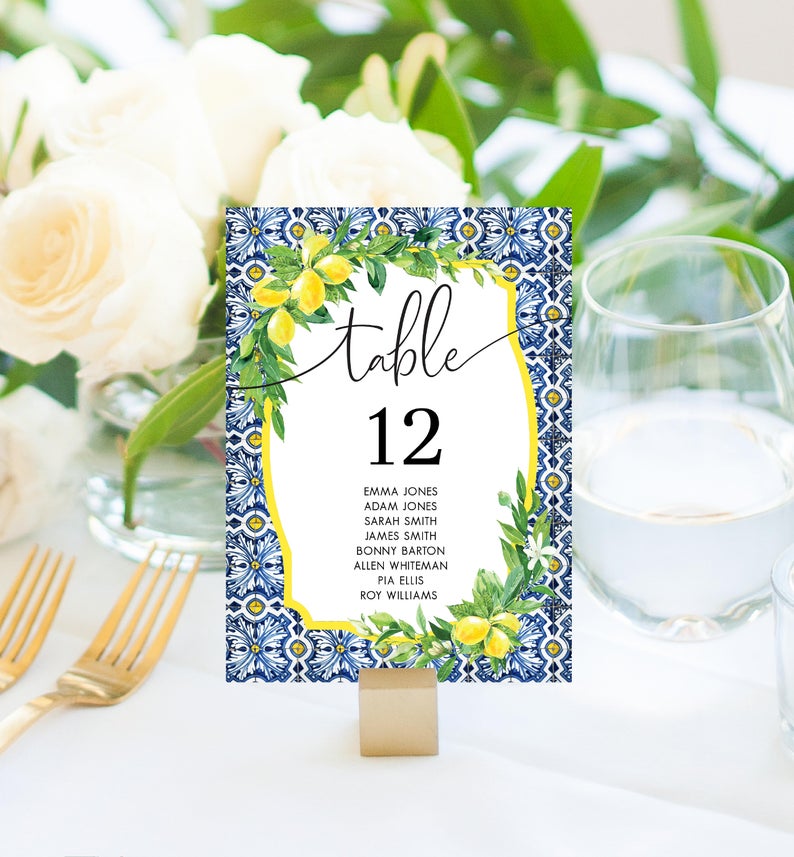 Positano Blue Tile Lemons Wedding Table Seating Chart Printable – Table Numbers with Guest Names – Printable Seating Plan – Instant Download
