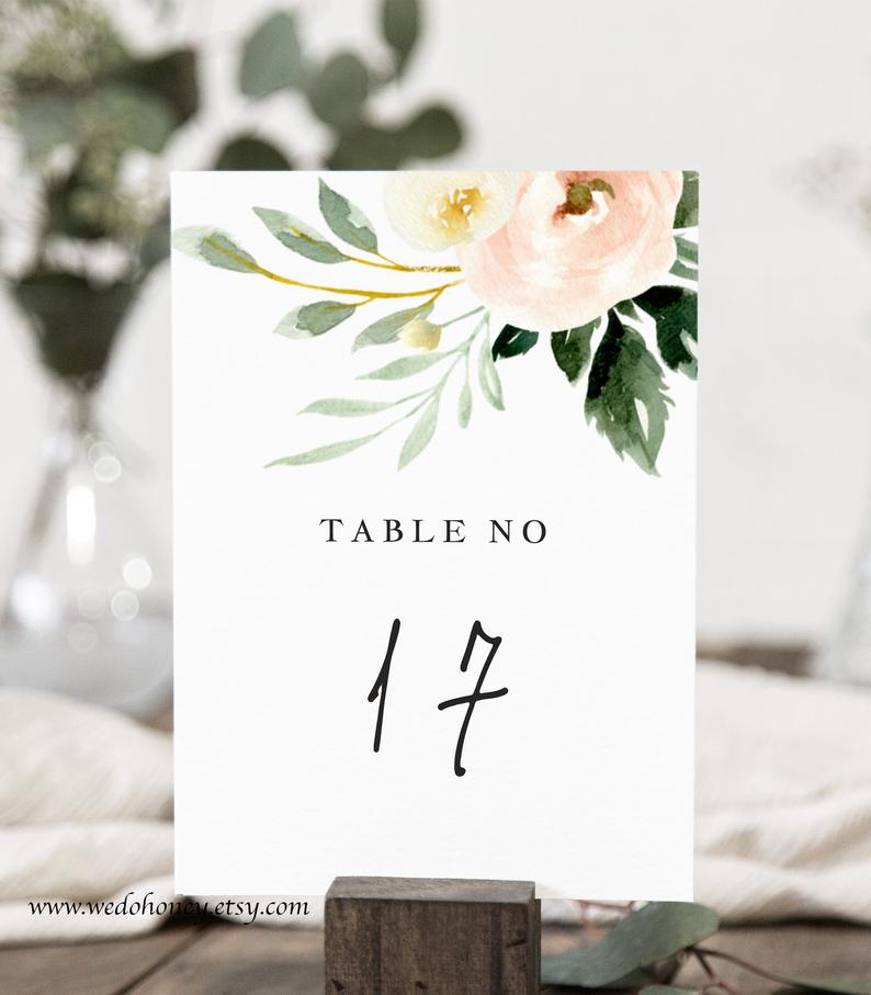 Blush Floral Table Number Template, Greenery Blush, DIY Numbers, Instant Download, Editable Text with Corjl #BLS049