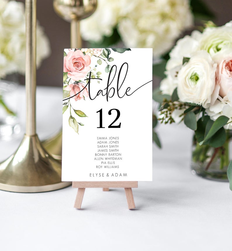 Blush Floral Table Numbers With Guest Names – Editable Printable Table Number Template – DIY Wedding – Darcy Floral