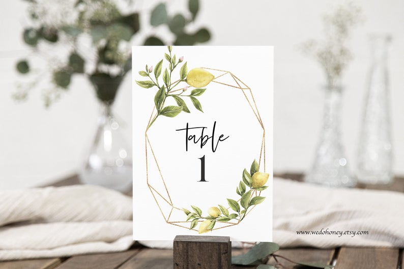 Lemon Table Numbers Cards Template, Editable DIY Instant Download, Corjl #087