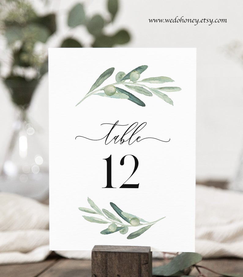 Greenery Table Numbers, Olive Watercolor, Editable DIY Wedding Number Decor, Instant Download, Corjl #031