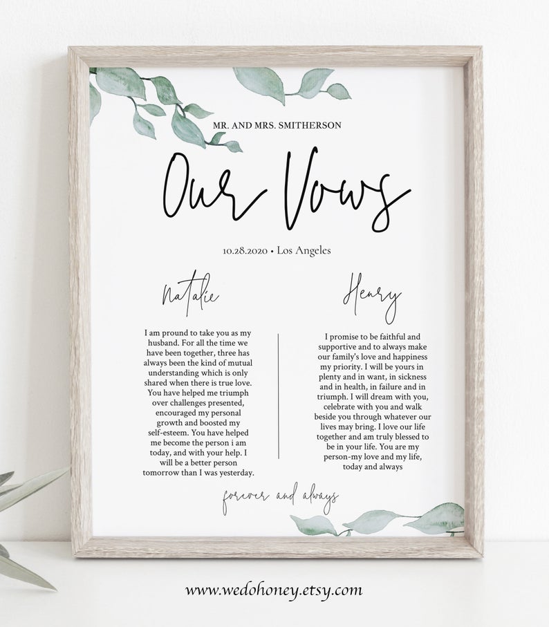Our Vows Sign Template, Greenery Anniversary, One Year Anniversary Gift, Printable Wall Art Keepsake, Editable Instant Download #032