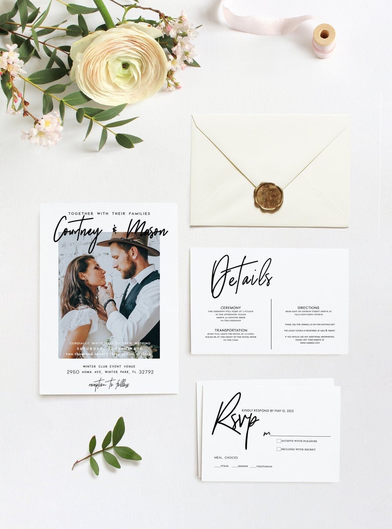 Photo Wedding Invitation Template, Minimalist Wedding Invite, Modern, Script Wedding, Black and White, Rsvp and Details Card, Corjl, 47