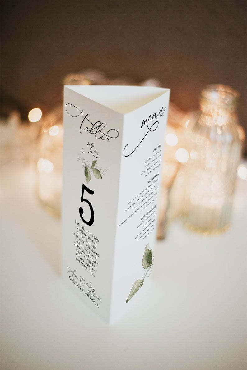 Greenery Wedding Tri-Fold Table Numbers Template Tri-Fold Menu Seating Plan Minimal Greenery Rustic Garden Tri fold Corjl 437