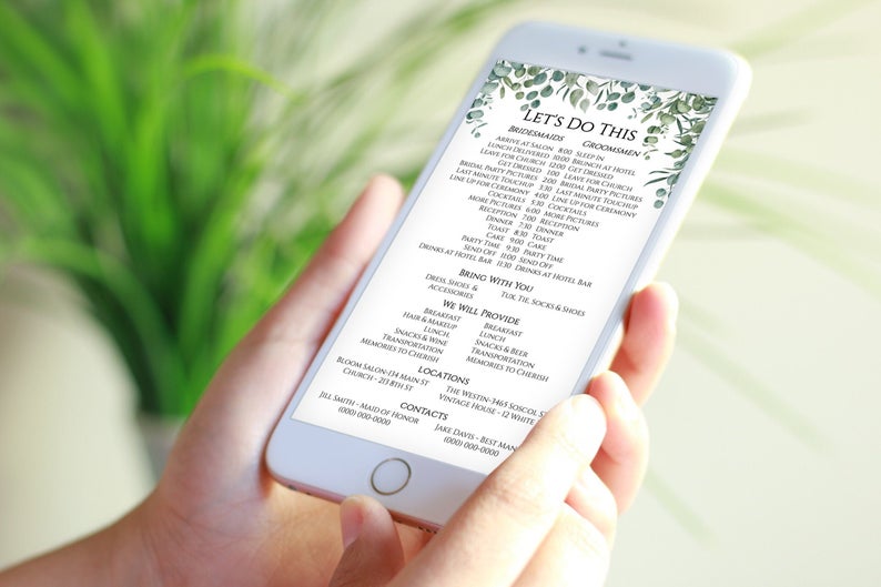 Wedding Party Timeline, Electronic Itinerary, Evite, Digital, Text Message, Phone Invite, Bridesmaid, Groomsmen, Corjl PPW0440