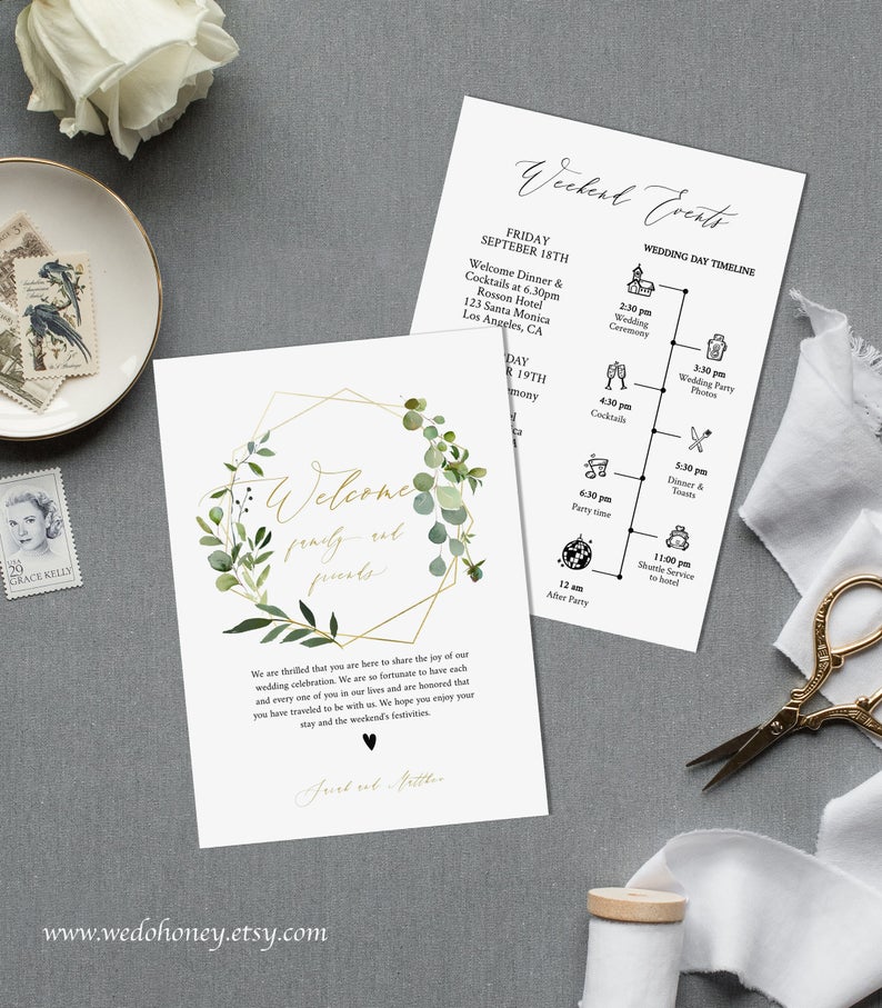 Greenery Wedding Timeline Printable, Editable Itinerary, Welcome Bag Card, Welcome letter, DIY Instant Download #060