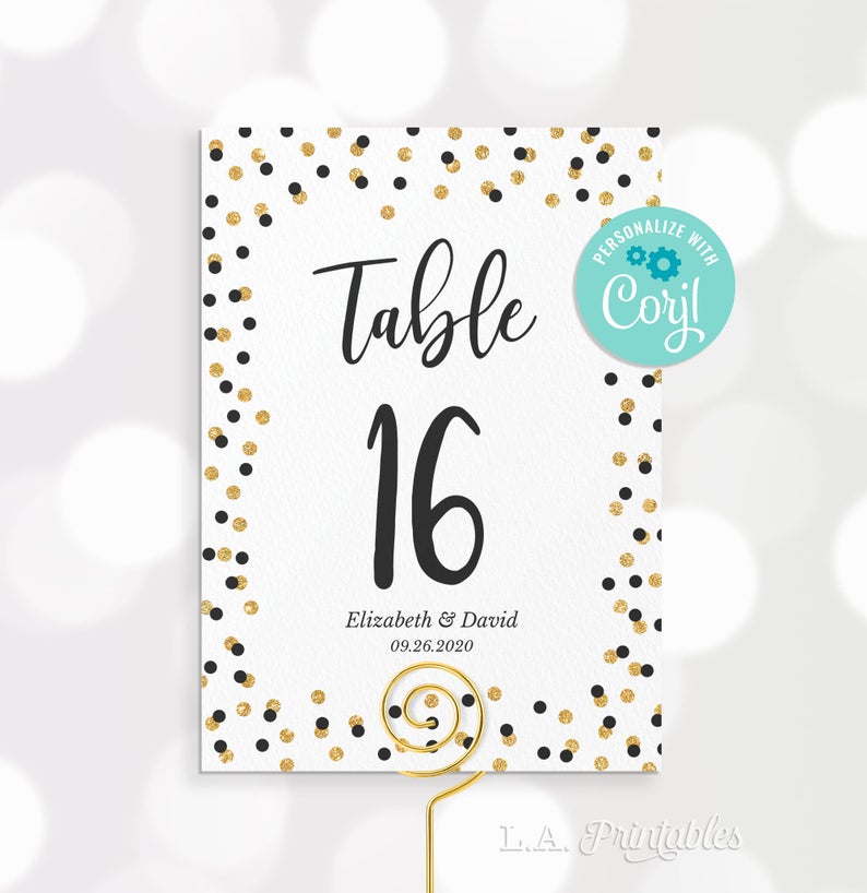 EDITABLE Table Numbers Template, Black & Gold Glitter Confetti Wedding Table Numbers, Personalize with Corjl