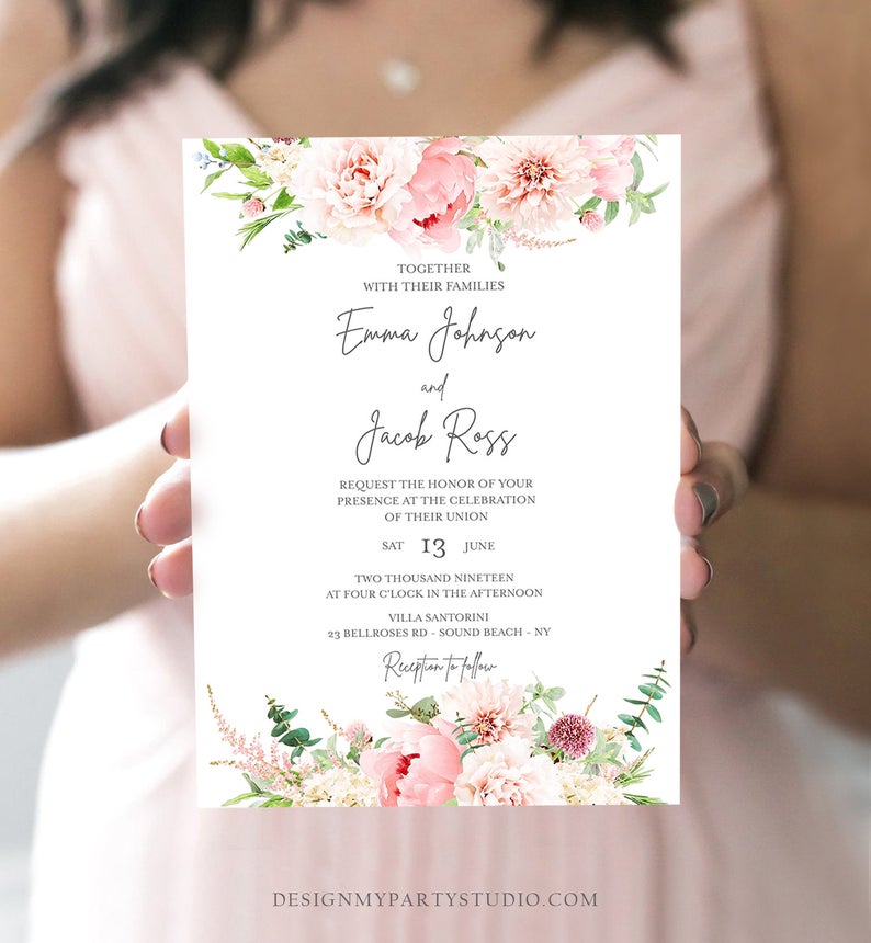 Editable Botanical Flowers Wedding Invitation Floral Greenery Bridal Shower Pastel Pink Peony Colors Digital Corjl Template Printable 0167