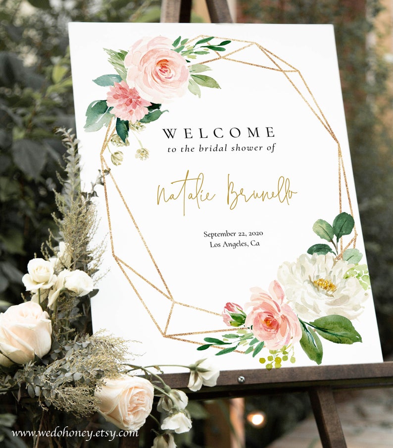Floral Welcome Bridal Shower Sign, Watercolor Pink Flowers, Gold Frame, Wedding Template, Welcome for Baby, Editable Text with Corjl #039