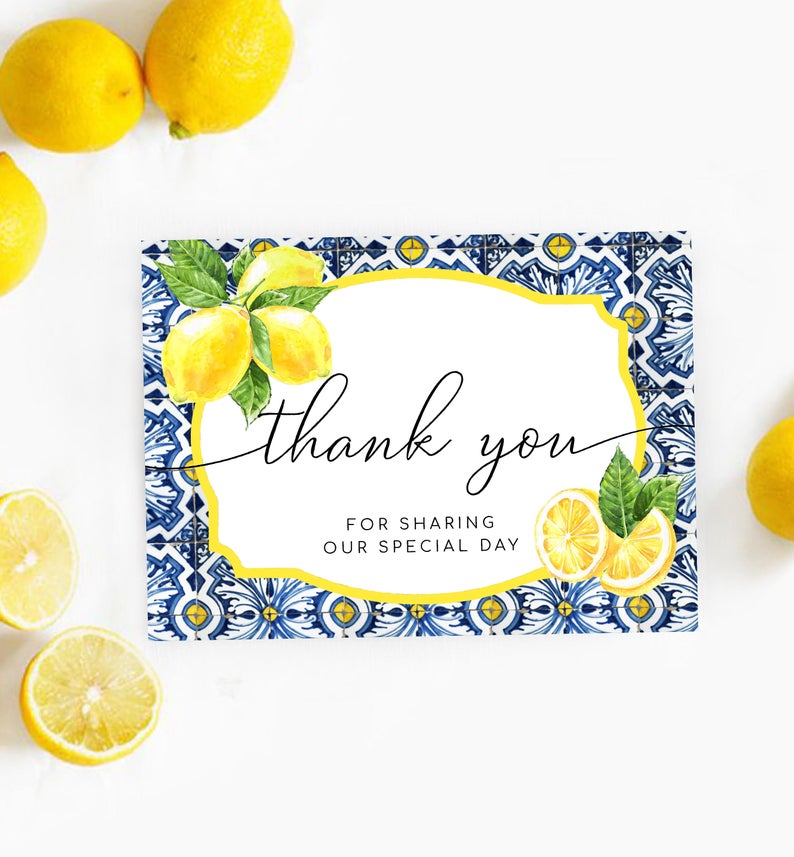 Positano Blue Tile Lemon Thank You Folded Card – Printable Grazie Folded Card – Wedding Thank You Cards – Bridal Shower Thank You Cards