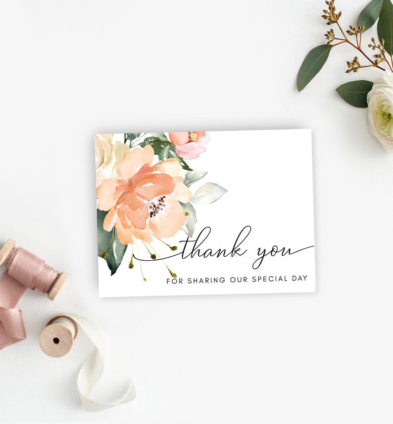 Peach Floral Thank You Card Template – Baby Shower – Bridal Shower – Wedding Folded Thank You Card – Greenery – Darcy Floral