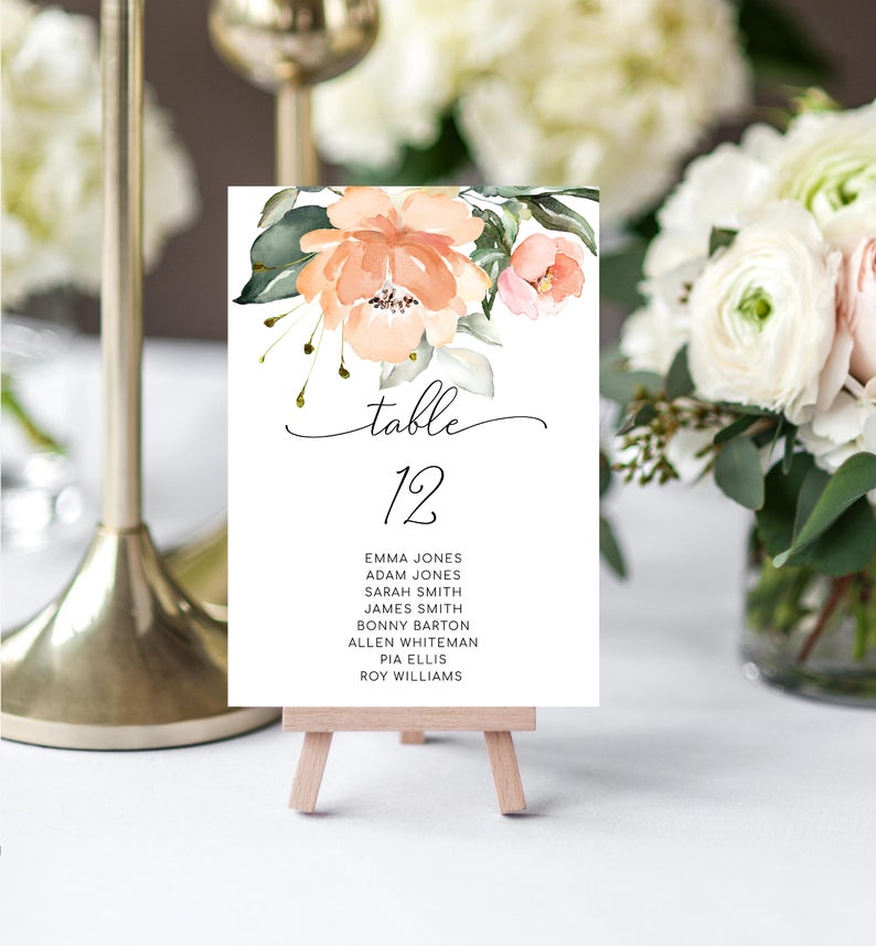 Table Numbers with Guest Names Template – Peach Floral – Wedding Reception Table Numbers – Greenery – Darcy Floral
