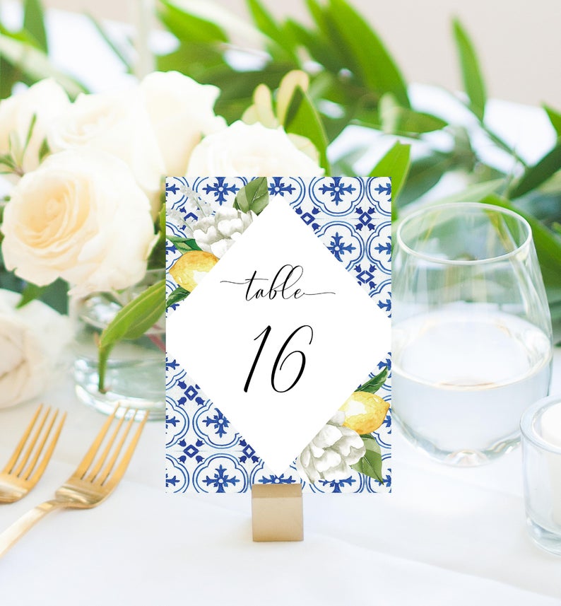 Editable Table Numbers – Mediterranean Blue Tile – Lemons – Printable Wedding Table Numbers – The Med