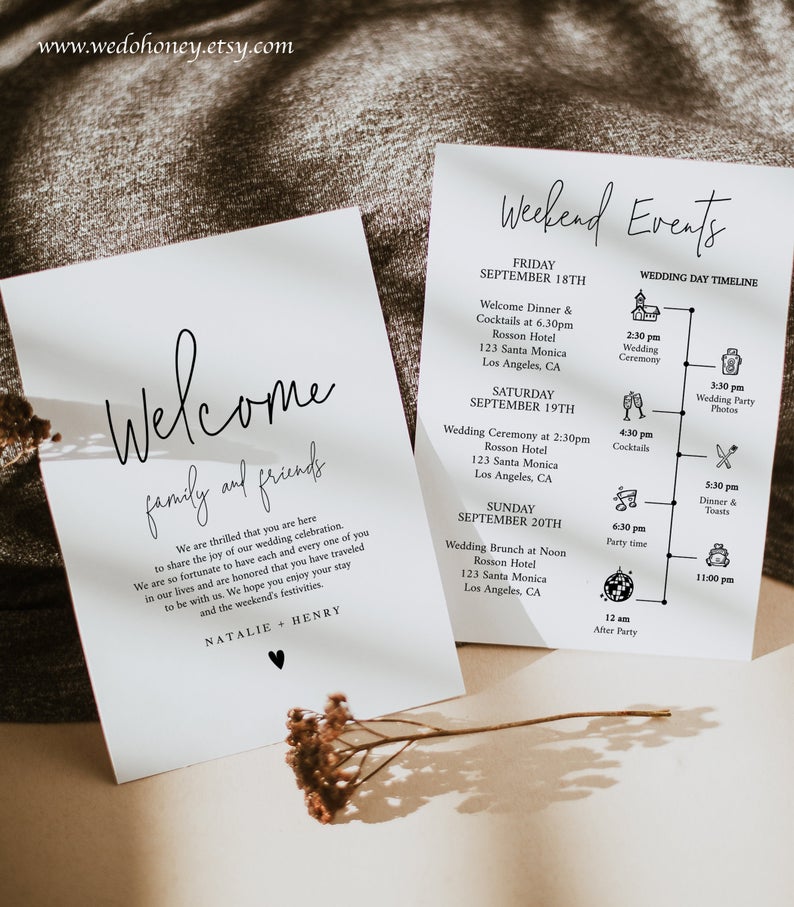 Wedding Timeline and Welcome Letter Template, Minimalist Wedding, Editable Text with Corjl #042