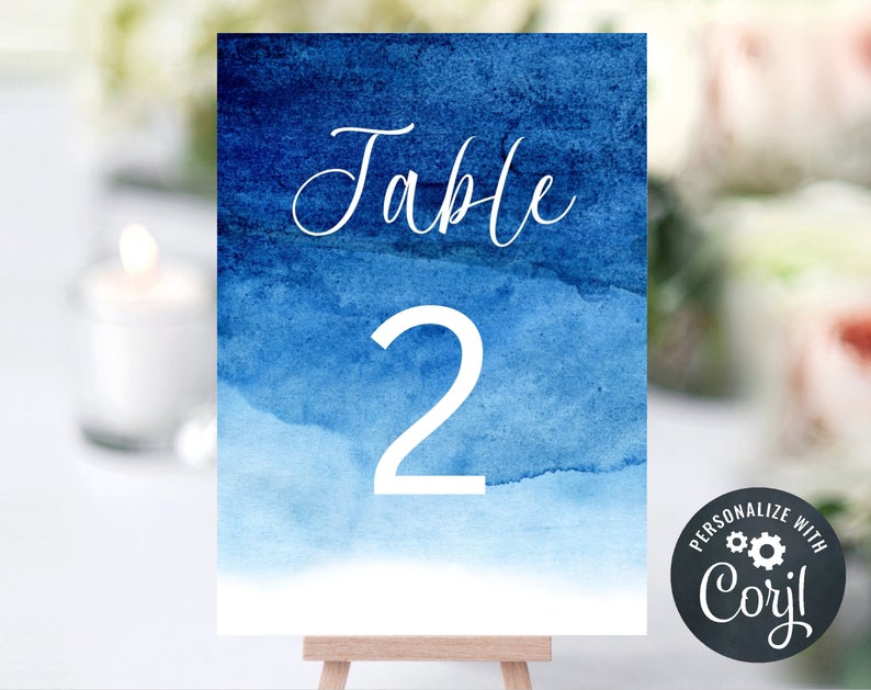 Blue Ombre Watercolor Table Numbers, Wedding Table Numbers, Printable Table Number Template, Corjl Template, Instant Download, #WC1
