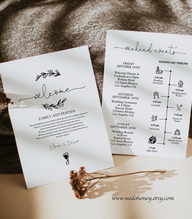 Timeline Template, Welcome Weekend Events, Modern and Rustic Ceremony, Order Of The Day, Editable Text with Corjl #089