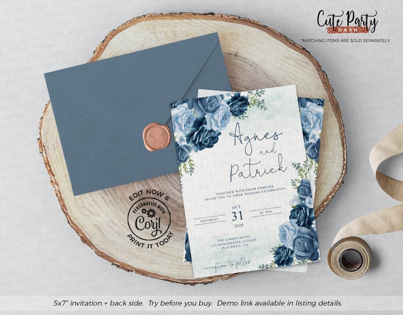 INSTANT DOWNLOAD – Editable Watercolors Blue Floral Wedding Invitation, Wedding Invite Set, Blue roses Invitation Template, Corjl WD006
