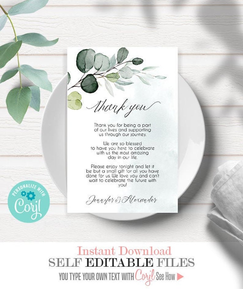 Wedding thank you letter, greenery printable card, boho wedding, editable template, Edit with Corjl, A019