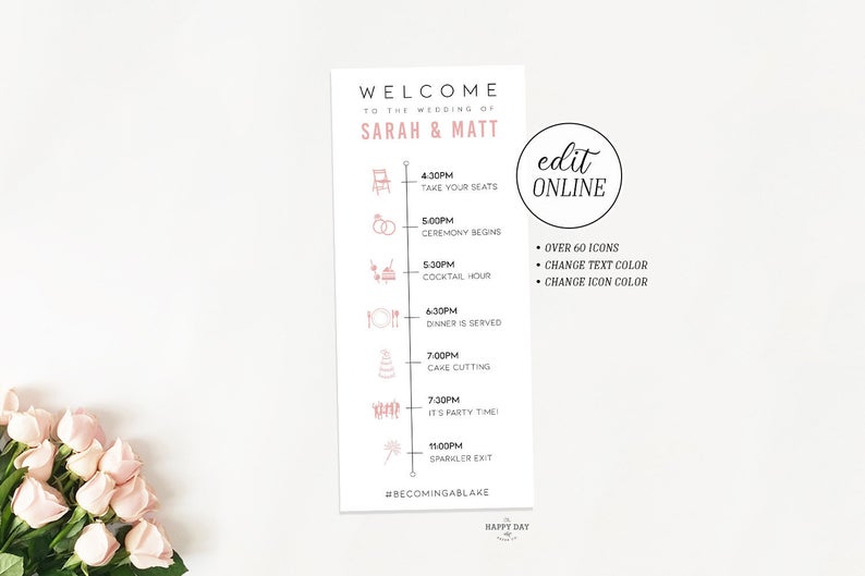 Editable Wedding Day Timeline Template • Edit Online & Print Today! • Printable DIY Template Wedding Day Itinerary with Icons