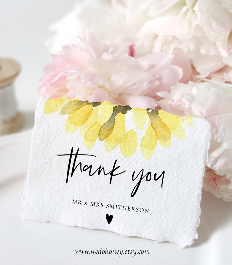 Sunflower Thank You Card, Folded, Rustic Summer Wedding, Editable Text with Corjl #00101
