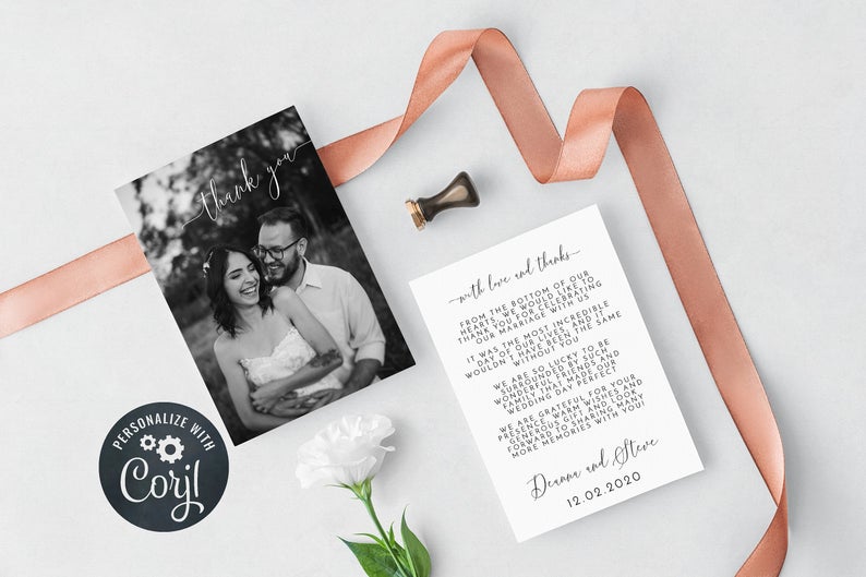 Double Sided Photograph Thank You Card, Photo Thank You Template, Printable Wedding Thank You Card, Corjl Template, Instant Download