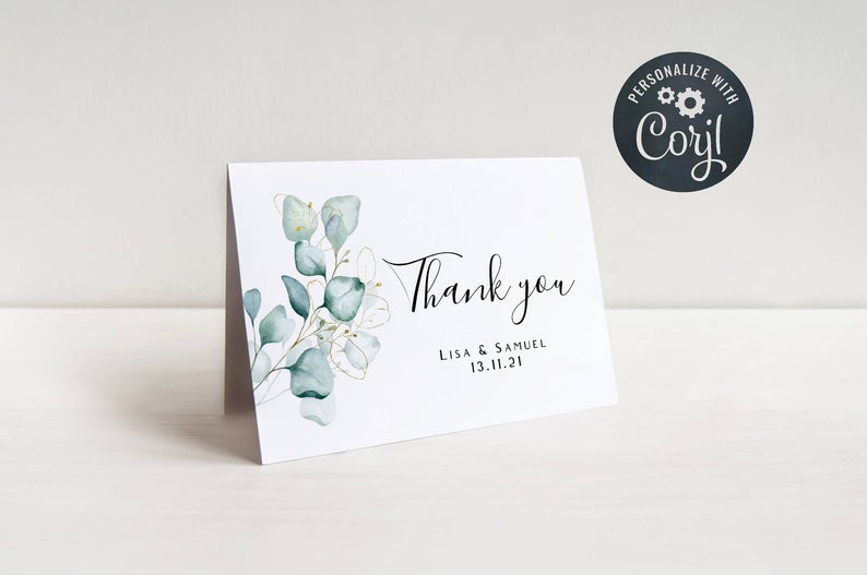 Greenery & Gold Eucalyptus Watercolor Thank You Card, Printable Thank You Card Template, Corjl Template, Folded Flat, Instant Download, #EU2