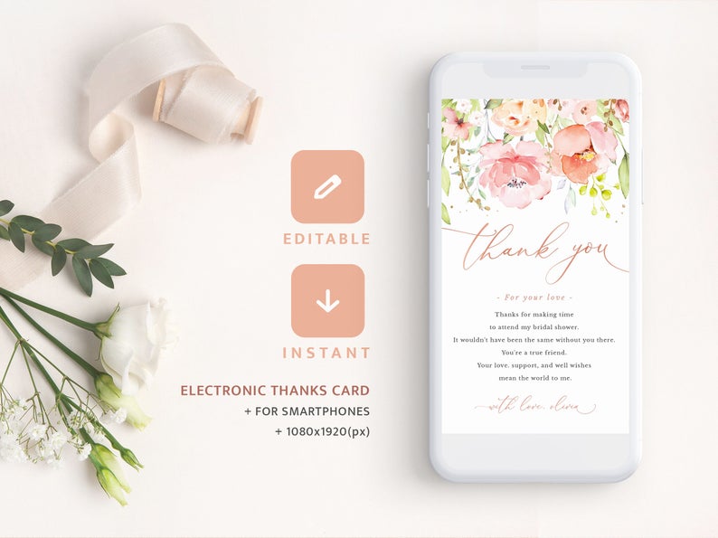 Editable Electronic Thank You Note Mobile Card, Blush Pink Rose Gold Floral Bridal Shower, Baby Shower, Instant Download