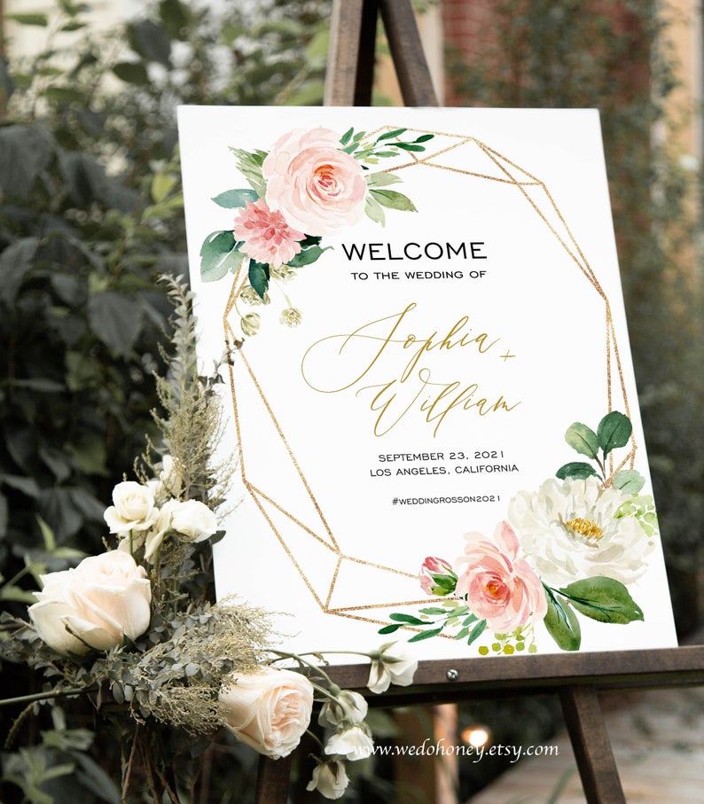 Welcome Sign Template, Boho Floral Wedding Sign, Blush Pink Gold, Instant Download, Editable Text wit Corjl #059