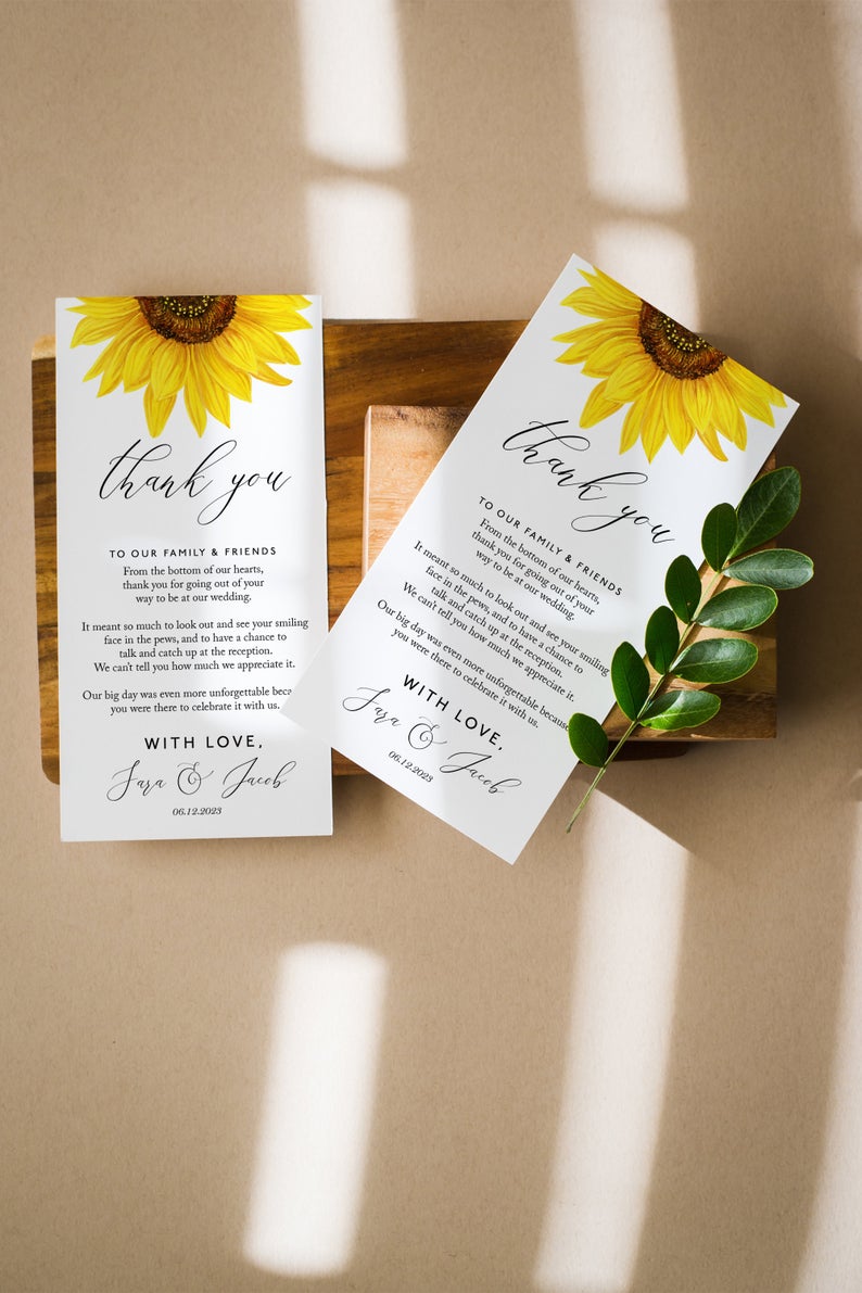 Editable Wedding Thank You Note, Sunflower Thank you, Wedding Place Setting Thank You, Summer, Table Card, Editable Template, Corjl, WP17-1
