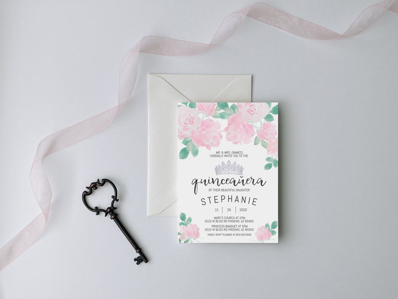 Pink Floral Quinceanera Invitation, Quinceanera Invitation, Invitation in Spanish, Invitacion de Quinceanera, Quinceanera Template