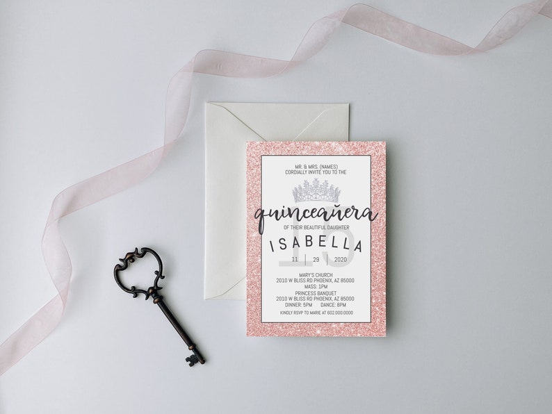 Rose gold Quinceanera Invitation, Quinceanera Invitation, Invitation in Spanish, Invitacion de Quinceanera, Quinceanera Template