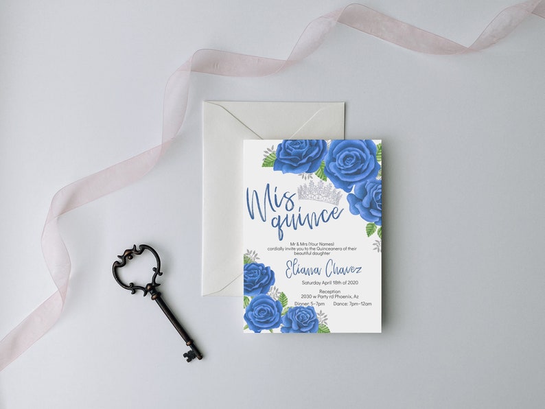 Blue Roses, Blue Quinceanera Invitation, Quinceanera Invitation, Invitation in Spanish, Invitacion de Quinceanera, Quinceanera Template