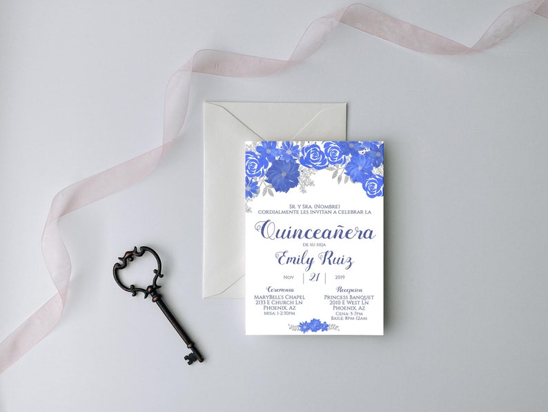 Blue Floral Quinceañera Invitation Set, Vip passes, Glitter Quinceañera Invitations in Spanish, Invitaciones de Quinceañera, Mis Quince Set