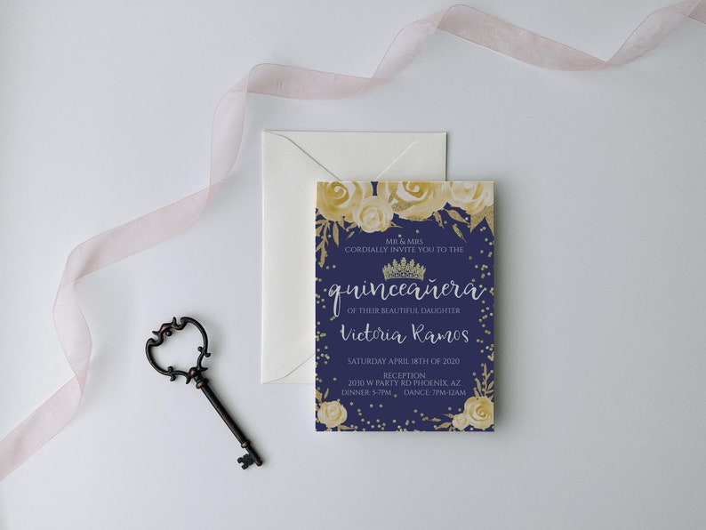 Blue and Gold Quinceanera Invitation, Quinceanera Invitation, Invitation in Spanish, Invitacion de Quinceanera, Quinceanera Template