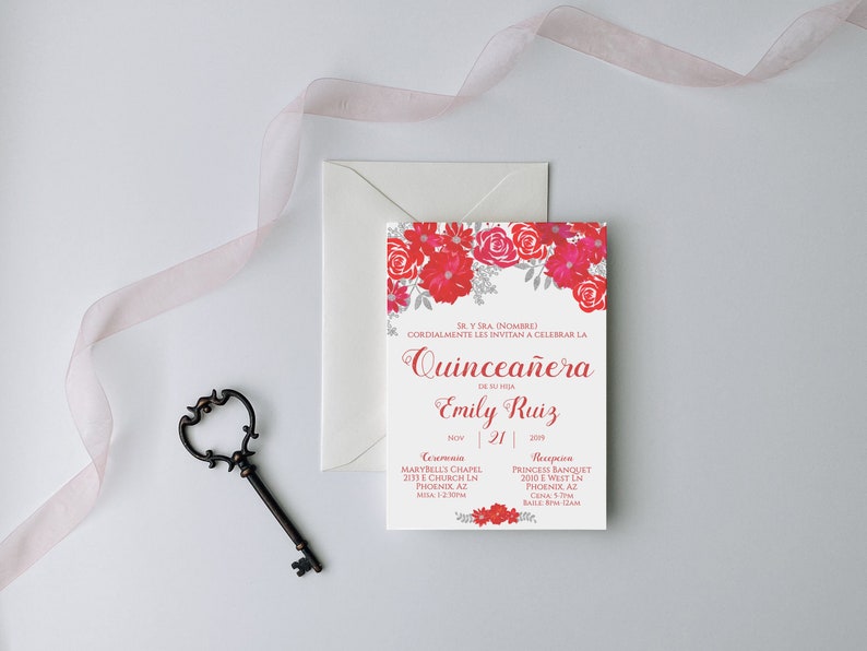 Red Floral Quinceañera Invitation Set, Glitter Quinceañera Invitations in Spanish, Invitaciones de Quinceañera, Quinceanera set, Digital