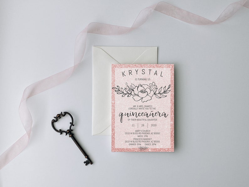 Rose Gold Glitter Quinceanera Invitation, Quinceañera, Mis Quince Anos, Invitaciones de Quinceañera, Invitación de 15 Cumpleaños, Digital