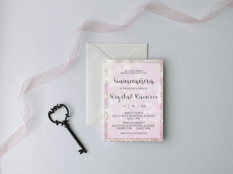 Pink Glitter Quinceanera Invitation, Quince Invitation, Invitation in Spanish, Invitacion de Quinceanera, Quinceanera Template