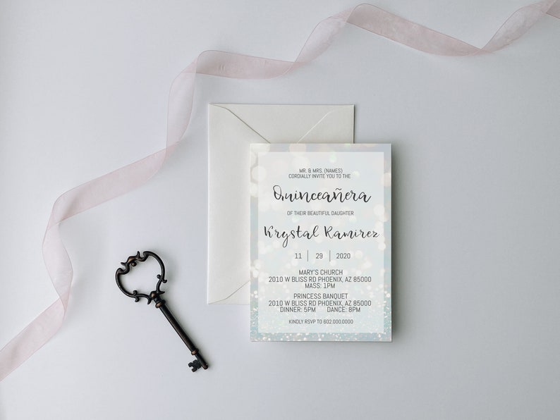 Blue Glitter Quinceanera Invitation, Quince Invitation, Invitation in Spanish, Invitacion de Quinceanera, Quinceanera Template