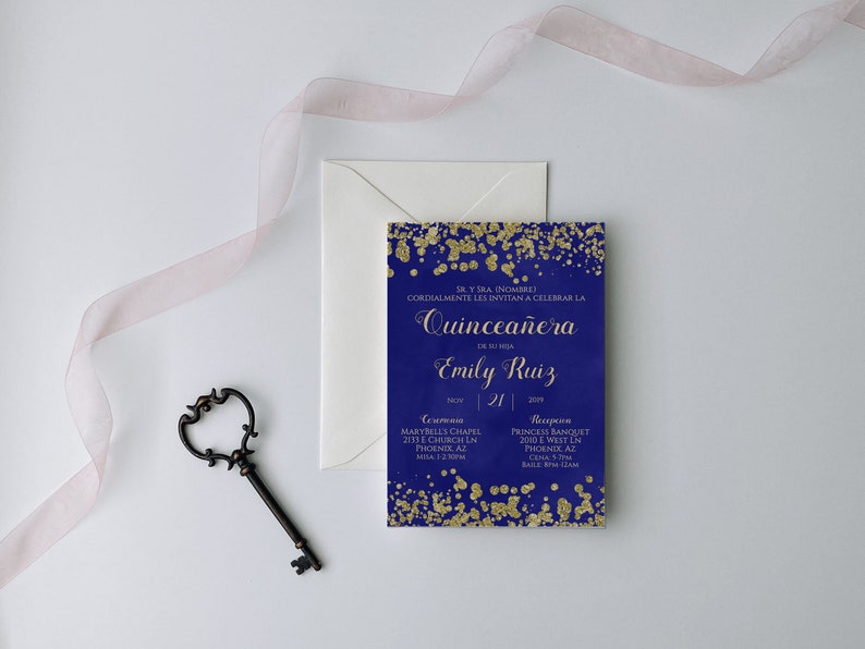 Blue & Gold Glitter Quinceranera Invitation, Quinceanera Invitation, Invitation in Spanish, Invitacion de Quinceanera, Quinceanera Template